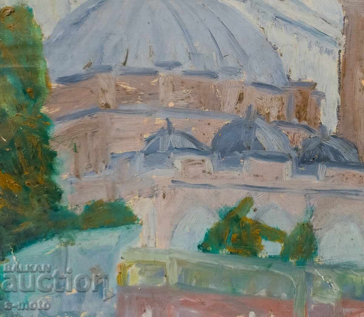 Delivery of Old oil painting, cityscape, 1962