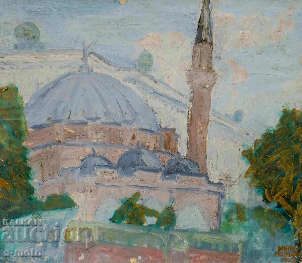 Old oil painting, cityscape, 1962