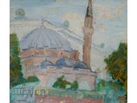 Pictură veche în ulei, peisaj urban, 1962