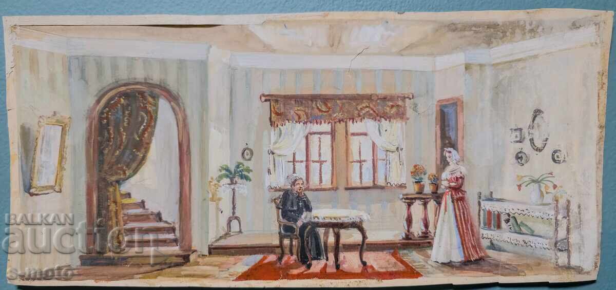 Delivery of Old gouache painting, interior