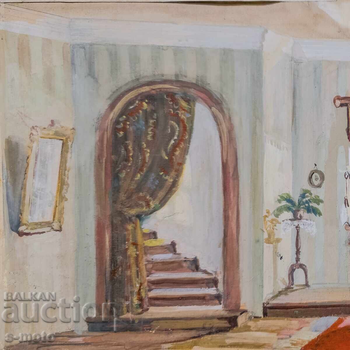Old gouache painting, interior - 5