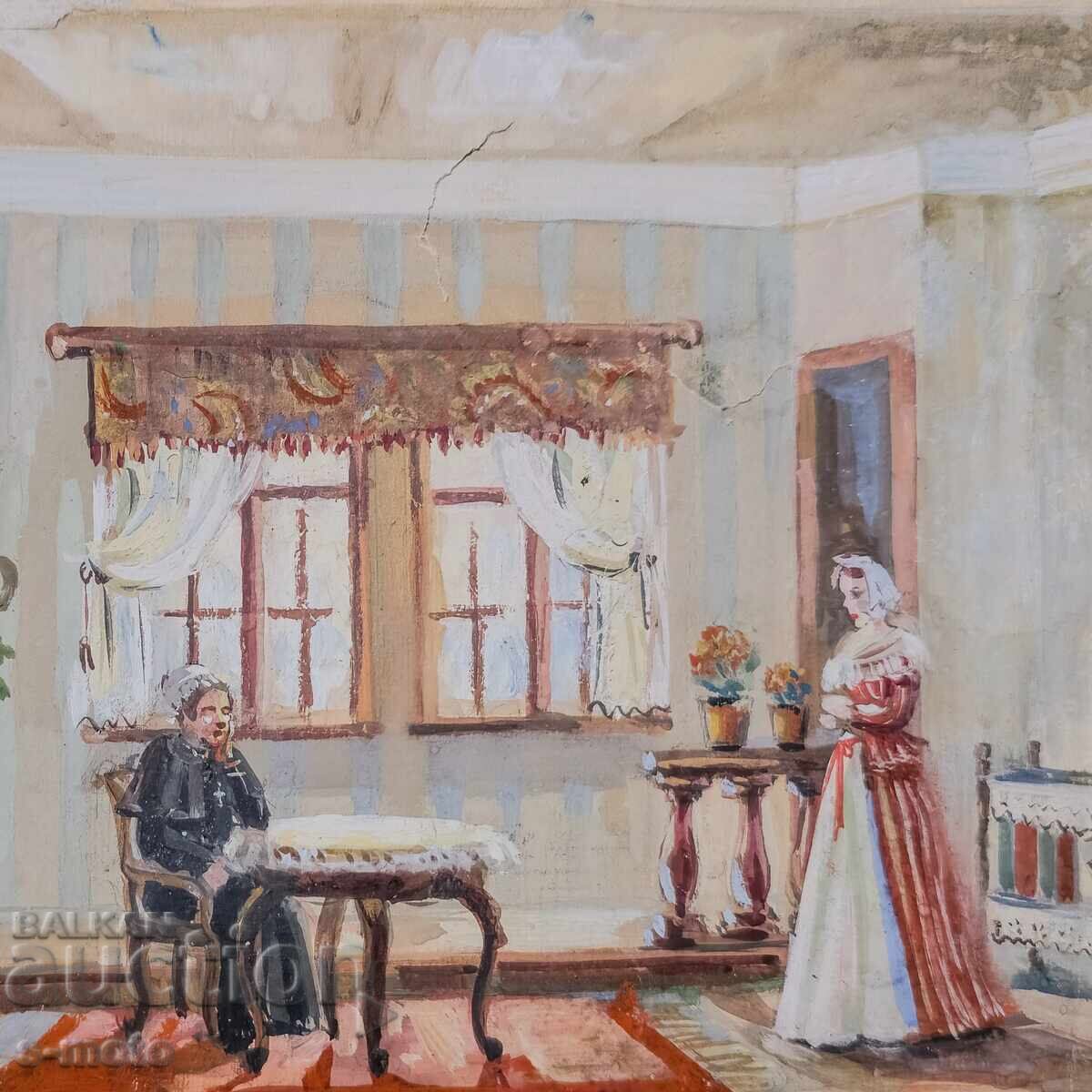 Old gouache painting, interior - 6