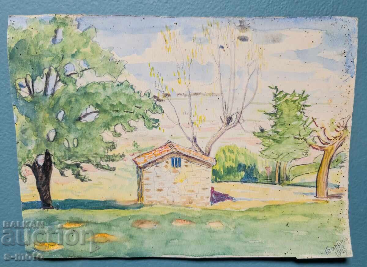 Auction  Old watercolor painting, rural landscape, 1923