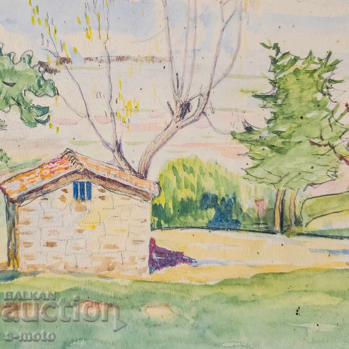 Old watercolor painting, rural landscape, 1923 - 6