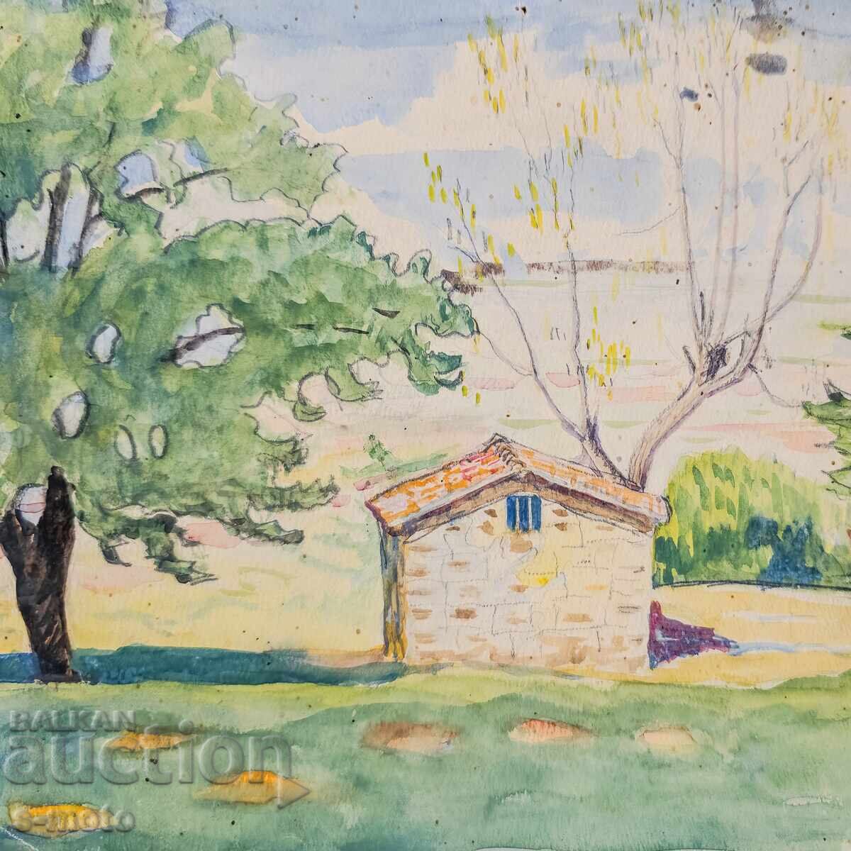 Old watercolor painting, rural landscape, 1923 - 7