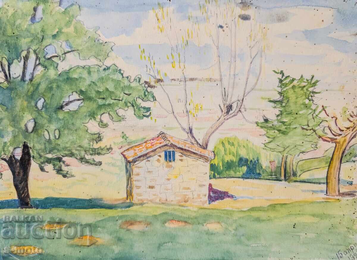 Old watercolor painting, rural landscape, 1923