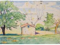 Tablou vechi acuarelă peisaj rural 1923