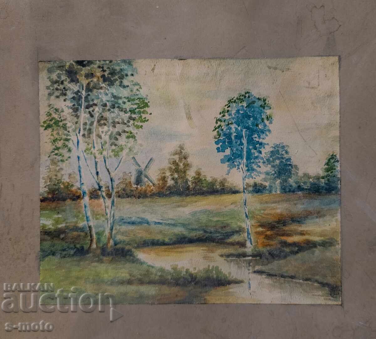 Δημοπρασία Παλιό ακουαρέλα πίνακας τοπίου ποταμού Δημοπρασία Παλιό ακουαρέλα πίνακας τοπίου ποταμού