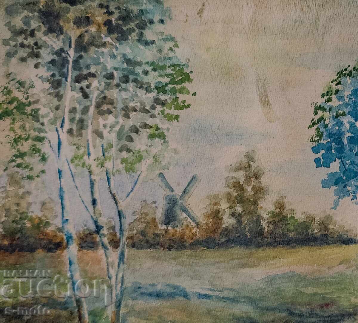 Παράδοση Παλιό ακουαρέλα πίνακας τοπίου ποταμού Παράδοση Παλιό ακουαρέλα πίνακας τοπίου ποταμού