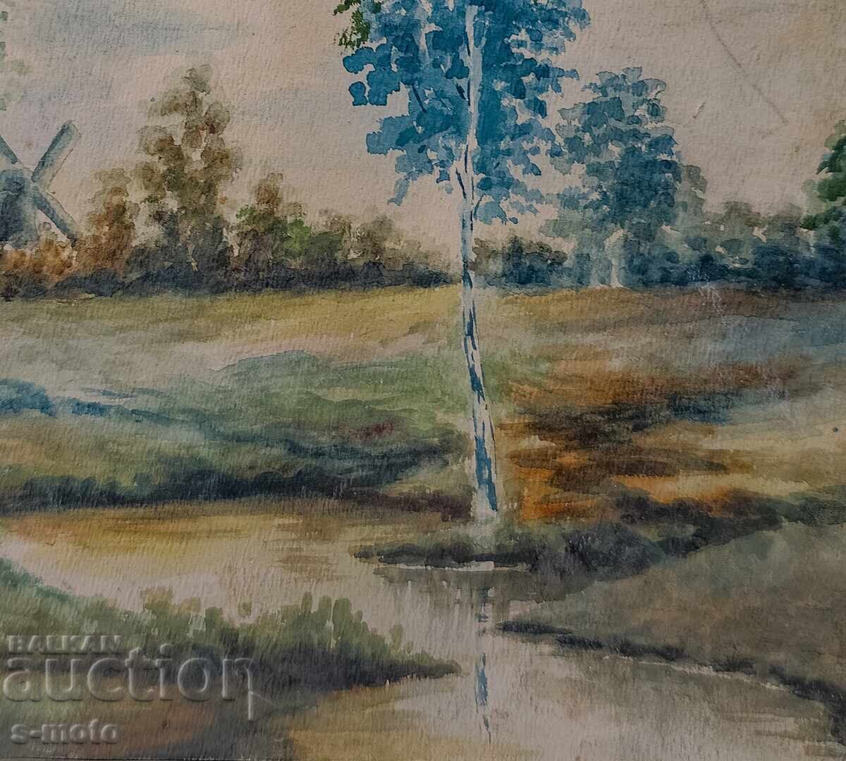 Παλιό ακουαρέλα πίνακας τοπίου ποταμού - 6 Παλιό ακουαρέλα πίνακας τοπίου ποταμού - 6