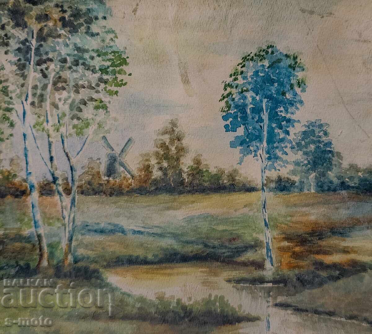 Παλιό ακουαρέλα πίνακας τοπίου ποταμού Παλιό ακουαρέλα πίνακας τοπίου ποταμού