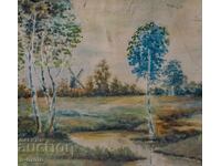 Pictură veche acuarelă peisaj fluvial