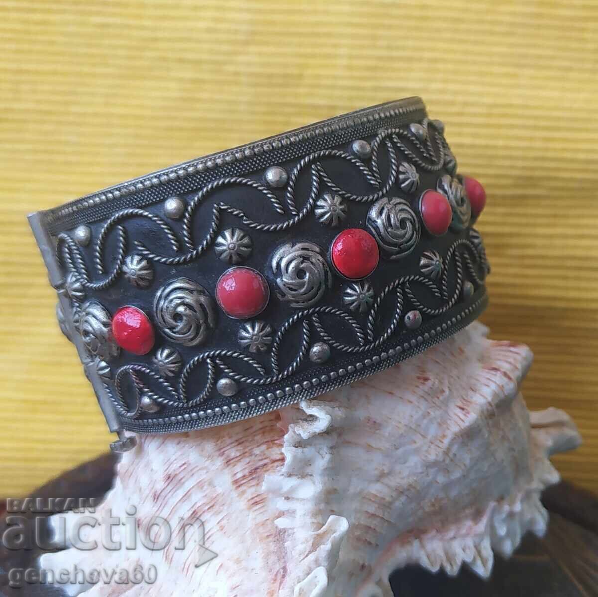 Vintage Alpaca Bracelet, Coral, Wide with Cuff - 6 Vintage Alpaca Bracelet, Coral, Wide with Cuff - 6