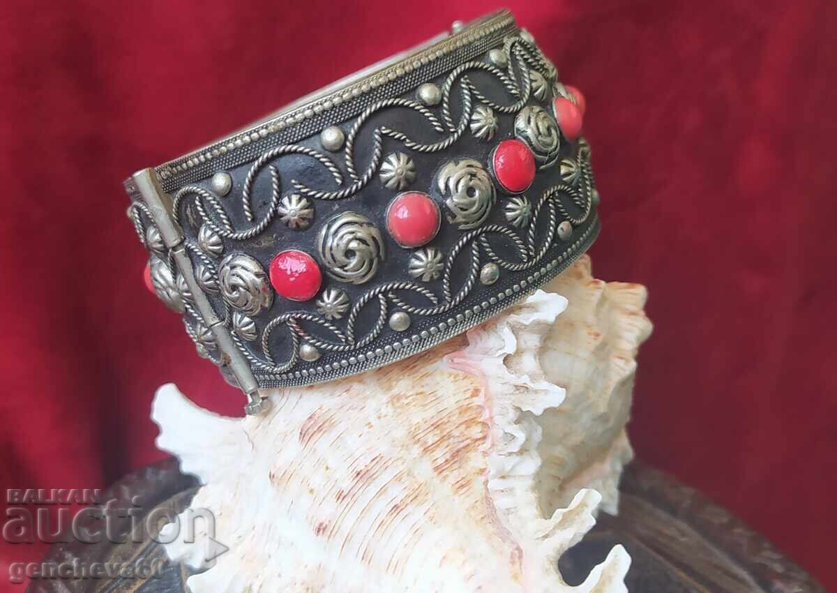 Vintage Alpaca Bracelet, Coral, Wide with Cuff - 7 Vintage Alpaca Bracelet, Coral, Wide with Cuff - 7