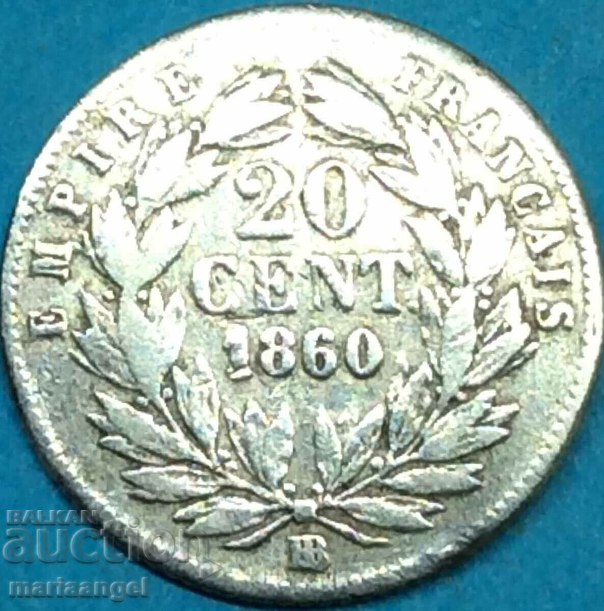 Licitație 20 centimes 1860 Franta Strasbourg Napoleon III argint