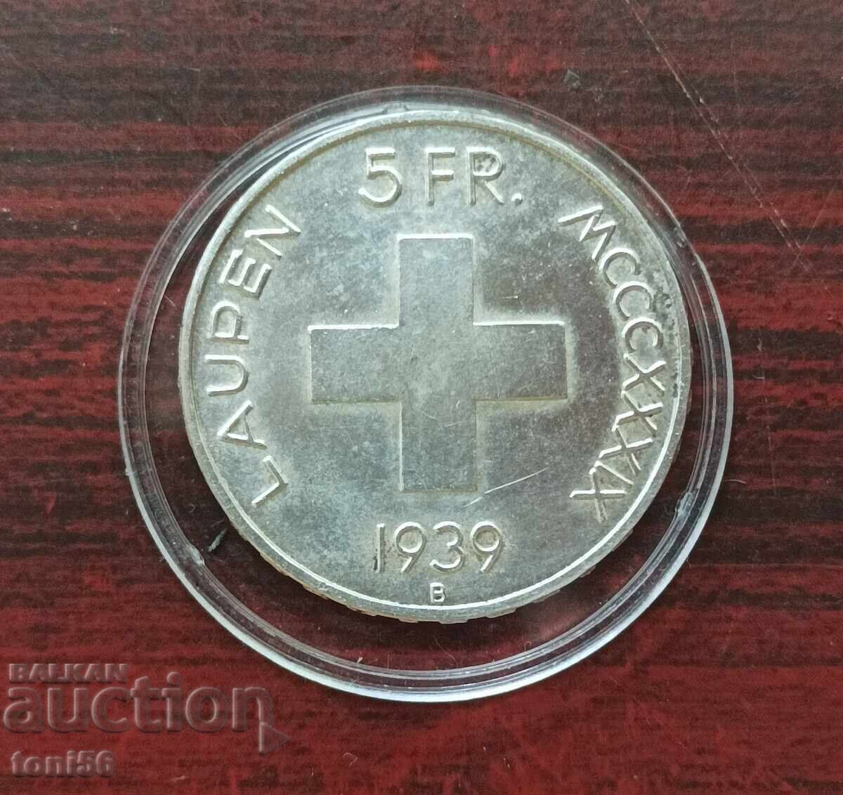 Швейцария 5 франка 1939 аUNC - юбилейна, сребро с цена 320.00 лв. | € 163.61 Швейцария 5 франка 1939 аUNC - юбилейна, сребро с цена 320.00 лв. | € 163.61