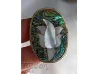 BROȘĂ VINTAGE, INCRUSTAȚIE CU SIDEF, TURCOAZ VERDE ȘI ALTELE