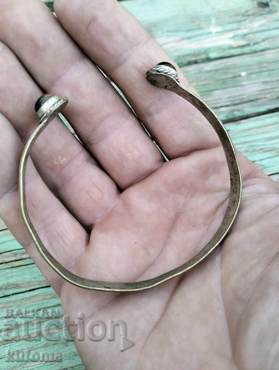 Стара посребрена гривна с естествени камъни тигрово око - 5