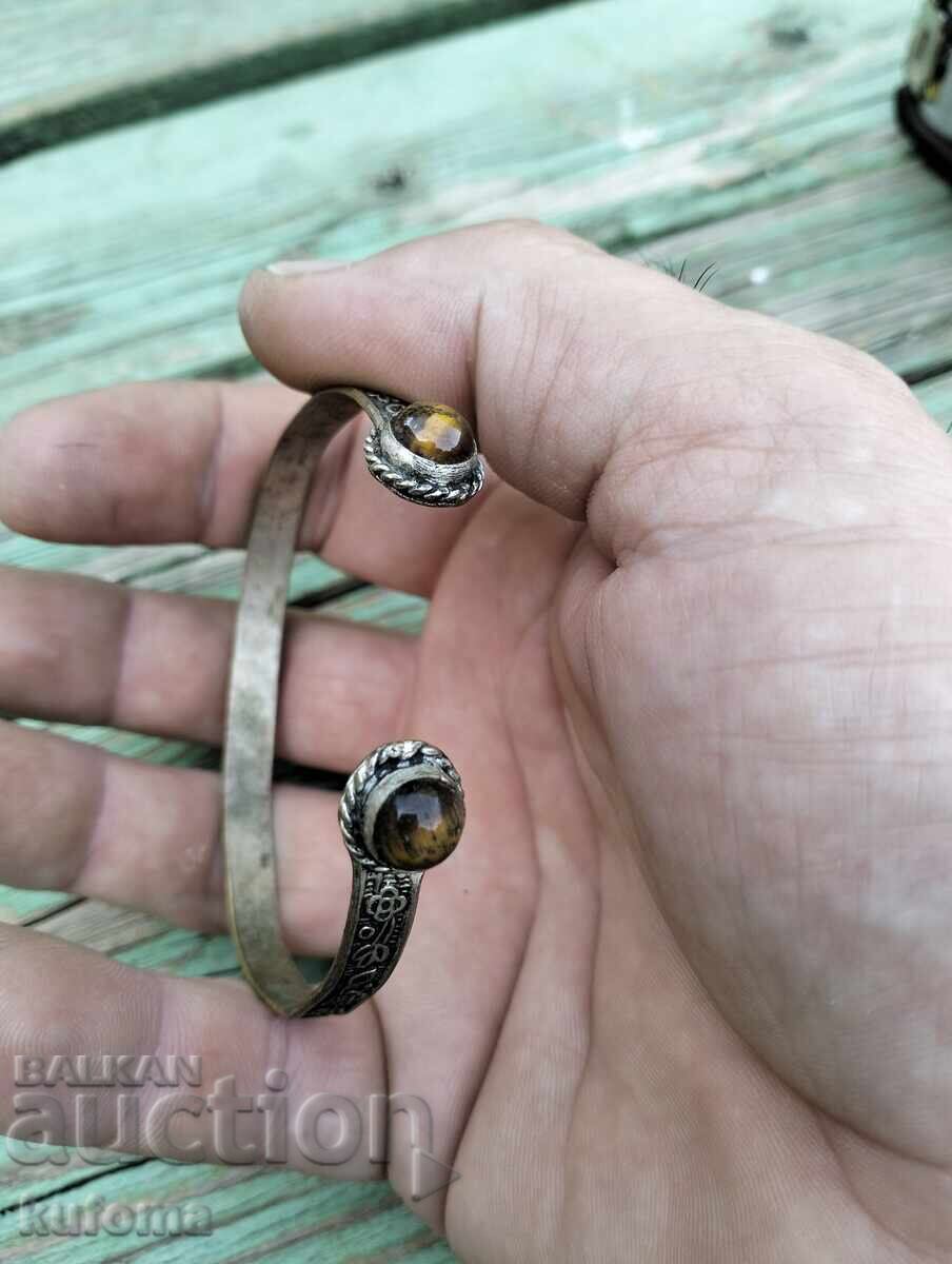 Стара посребрена гривна с естествени камъни тигрово око - 7