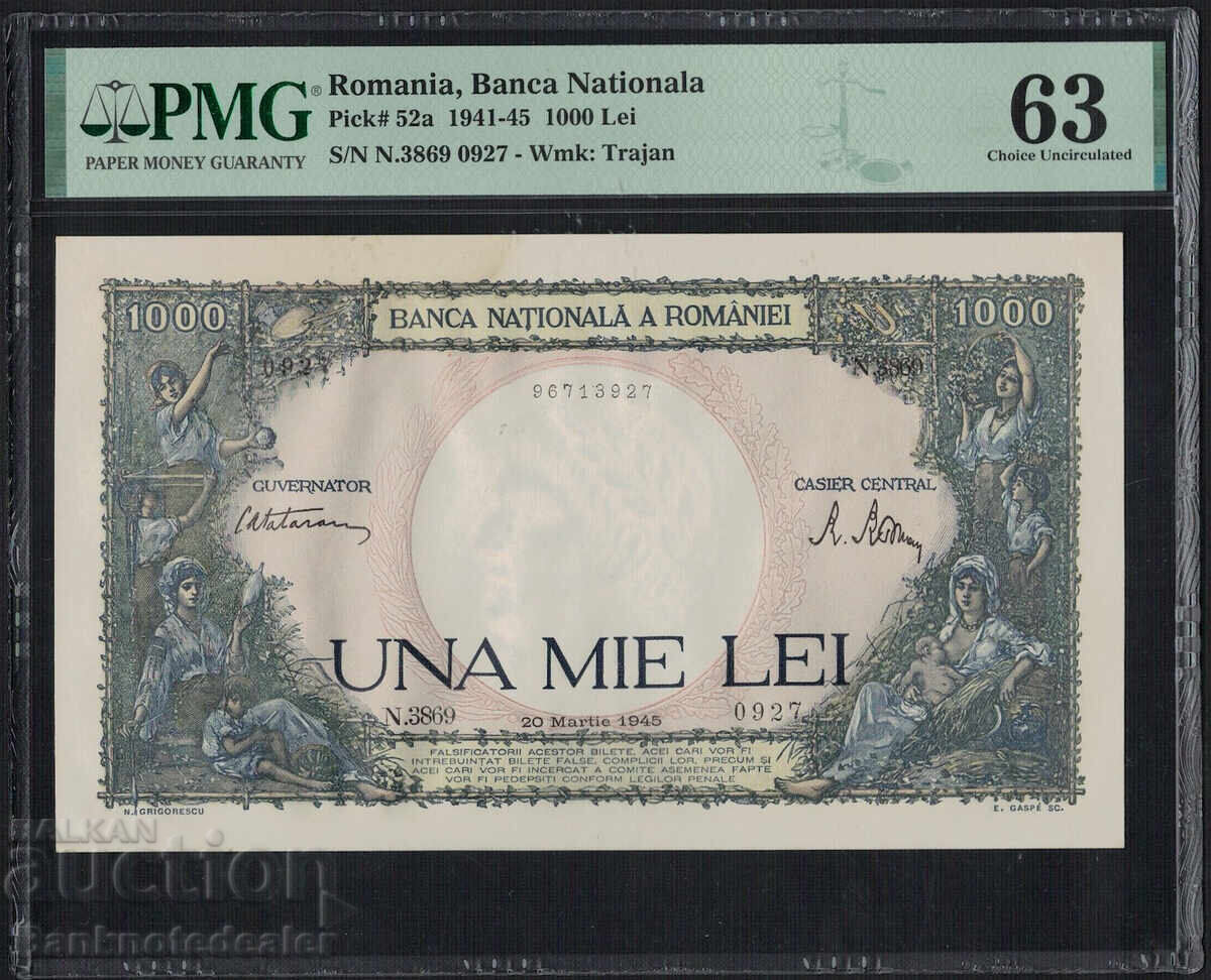 Ρουμανία 1000 lei 1941 PIck 52a PMG 63 Unc