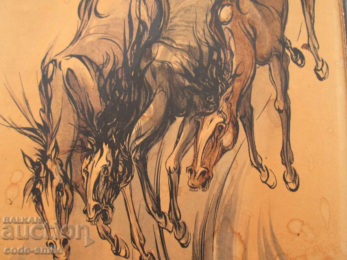 Licitație Veche pictură desen cai grafică "Sete" semnată