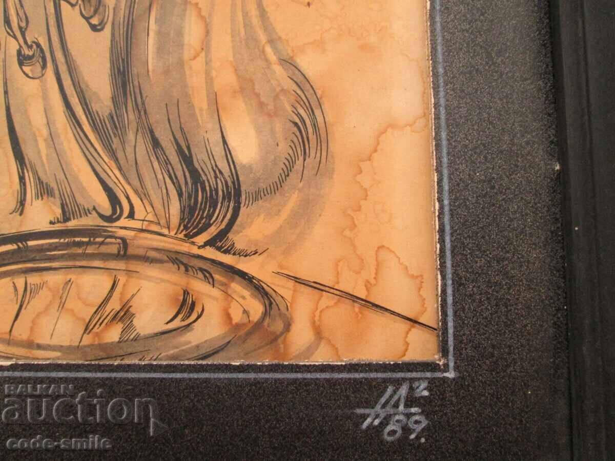 Veche pictură desen cai grafică "Sete" semnată - 5