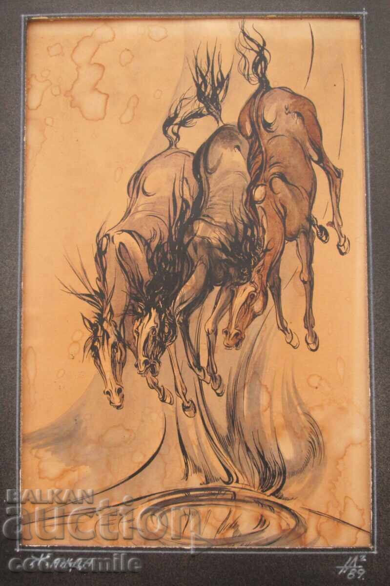 Veche pictură desen cai grafică "Sete" semnată