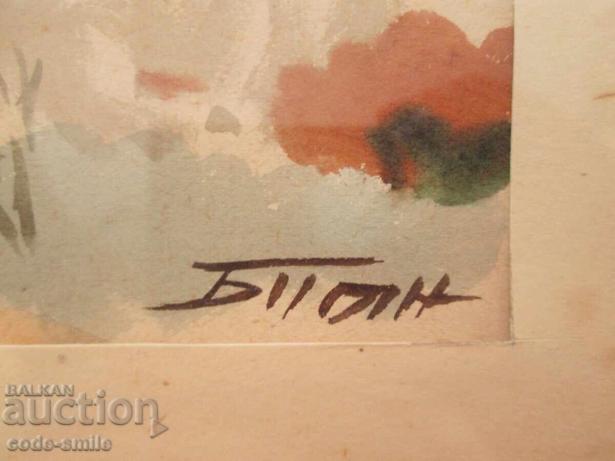 Auction  Old watercolor painting, winter landscape, signed