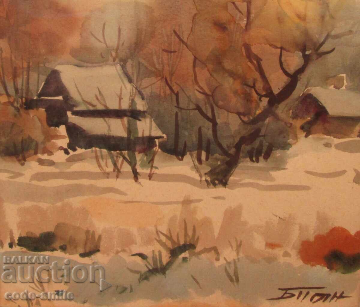 Delivery of Old watercolor painting, winter landscape, signed