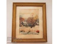 Old watercolor painting, winter landscape, signed
