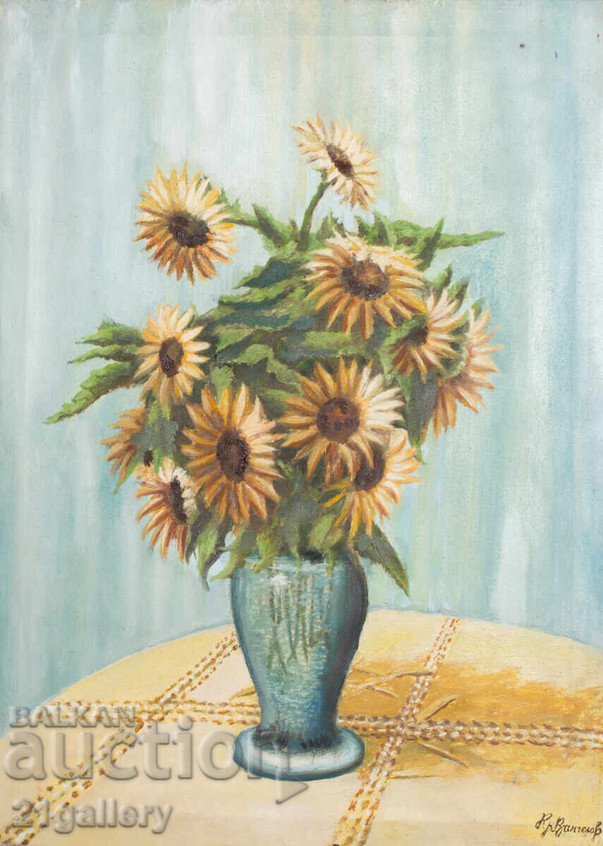 Old oil painting, still life with sunflowers