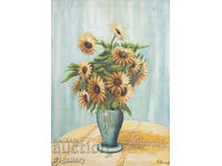Old oil painting, still life with sunflowers