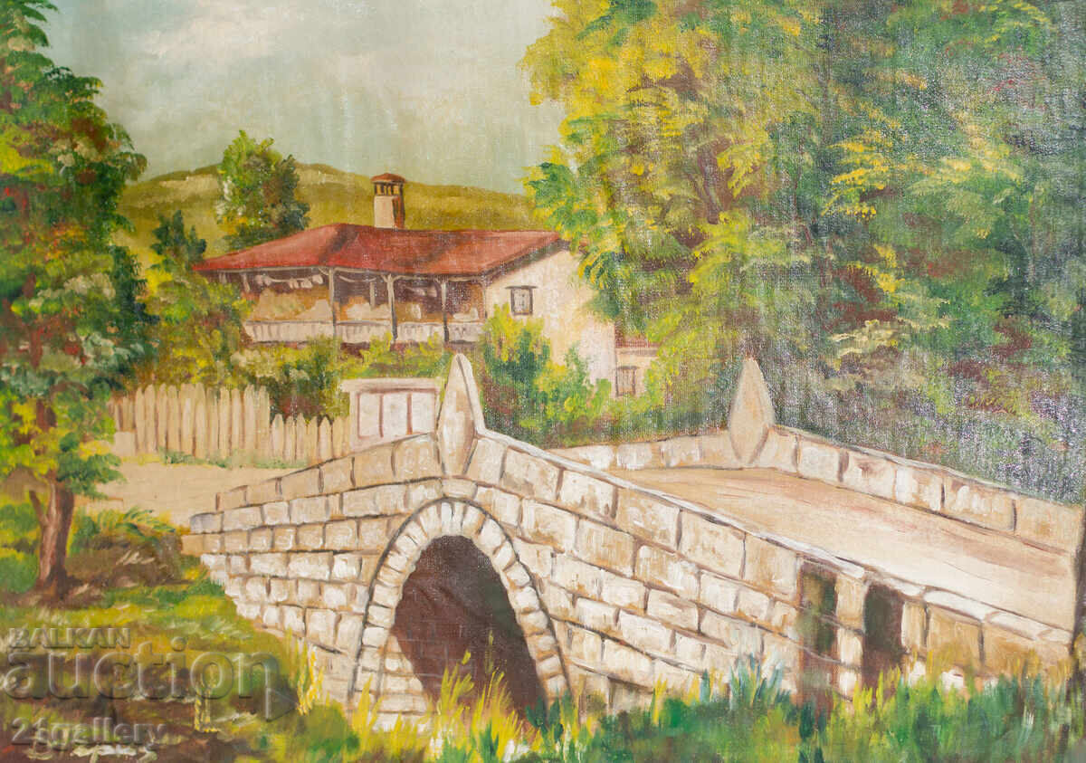 Old Oil Painting, Rural Landscape with Bridge and House with price 450.00 BGN | € 230.08