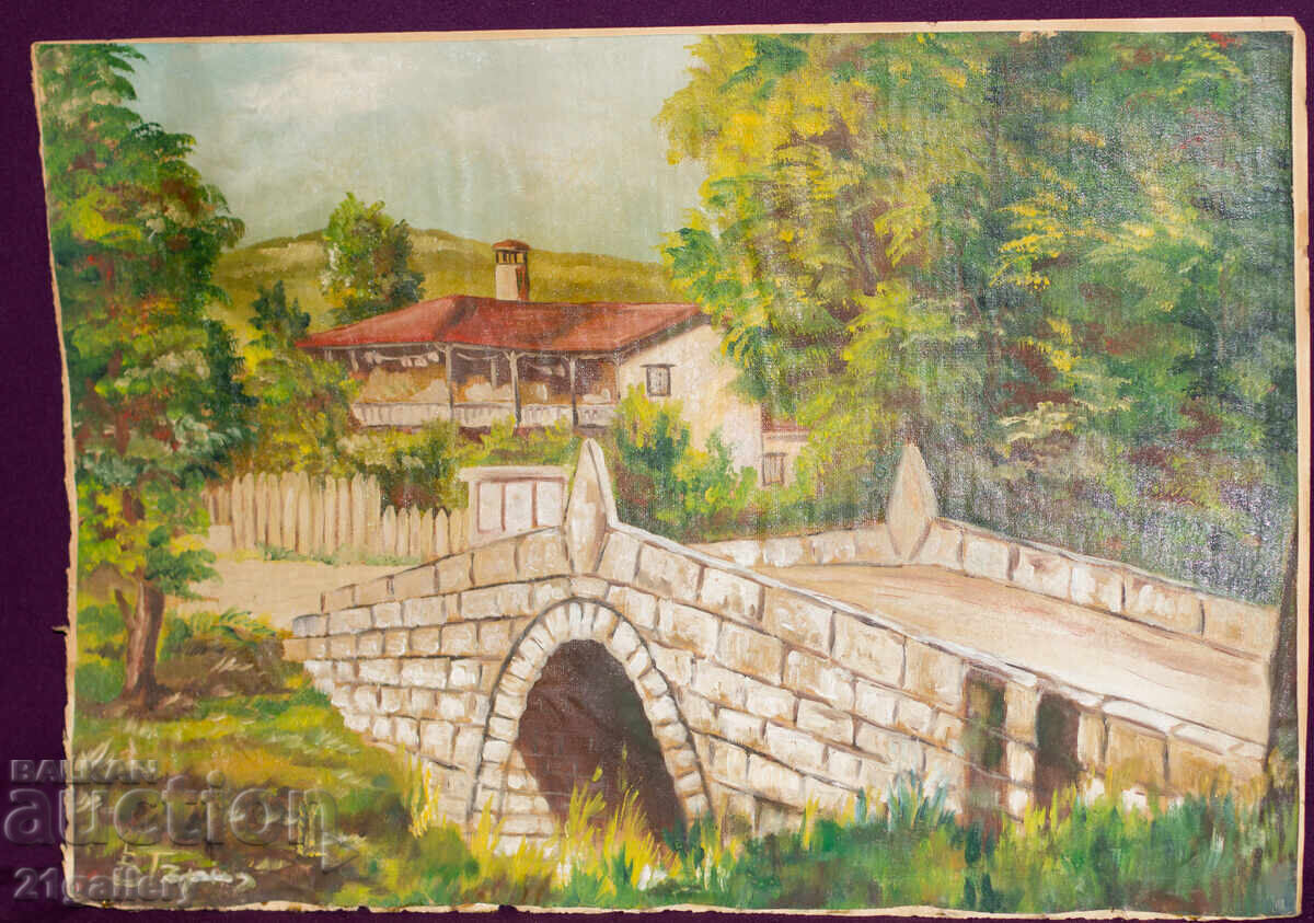 Auction  Old Oil Painting, Rural Landscape with Bridge and House