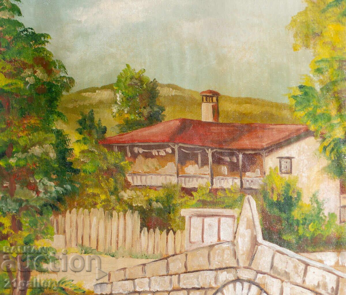 Delivery of Old Oil Painting, Rural Landscape with Bridge and House