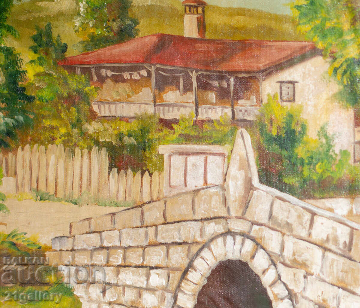 Old Oil Painting, Rural Landscape with Bridge and House - 5