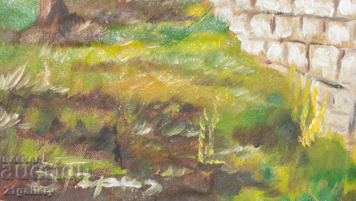 Old Oil Painting, Rural Landscape with Bridge and House - 6