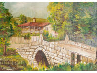 Old Oil Painting, Rural Landscape with Bridge and House