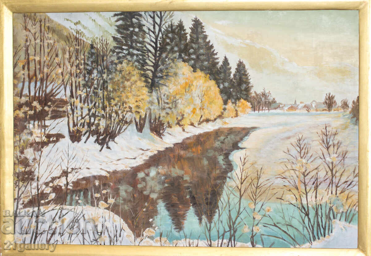 Tablou vechi, ulei pe pânză, peisaj de iarnă cu râu cu preț 700.00 BGN | € 357.90 Tablou vechi, ulei pe pânză, peisaj de iarnă cu râu cu preț 700.00 BGN | € 357.90