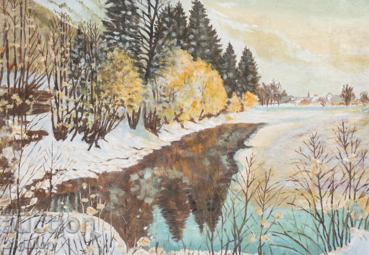 Licitație Tablou vechi, ulei pe pânză, peisaj de iarnă cu râu Licitație Tablou vechi, ulei pe pânză, peisaj de iarnă cu râu