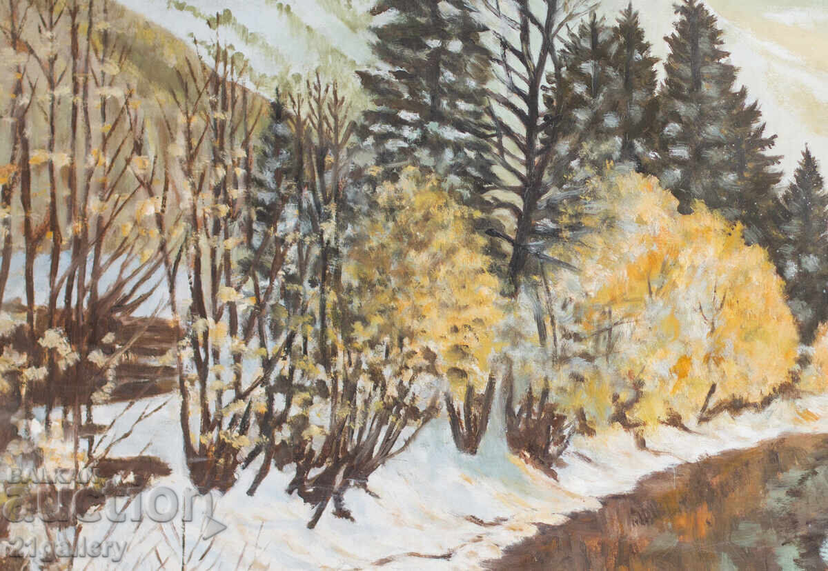 Livrarea Tablou vechi, ulei pe pânză, peisaj de iarnă cu râu Livrarea Tablou vechi, ulei pe pânză, peisaj de iarnă cu râu