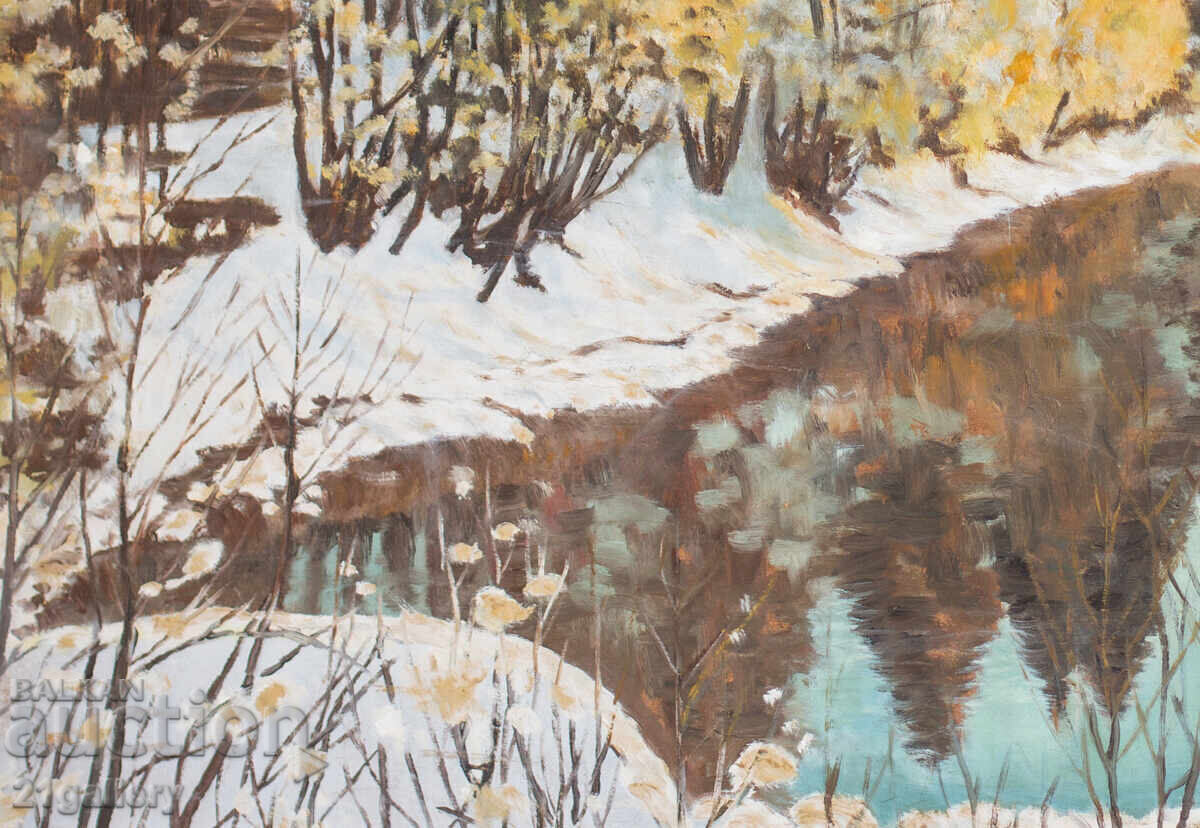 Tablou vechi, ulei pe pânză, peisaj de iarnă cu râu - 5 Tablou vechi, ulei pe pânză, peisaj de iarnă cu râu - 5