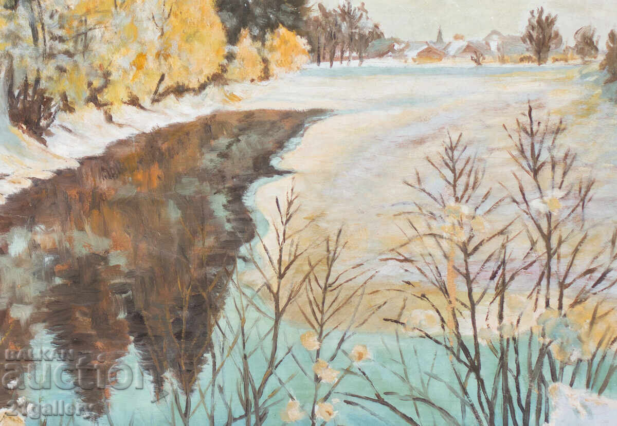 Tablou vechi, ulei pe pânză, peisaj de iarnă cu râu - 6 Tablou vechi, ulei pe pânză, peisaj de iarnă cu râu - 6