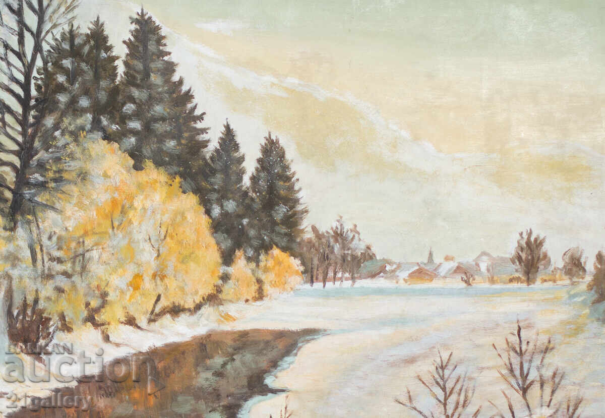 Tablou vechi, ulei pe pânză, peisaj de iarnă cu râu - 7 Tablou vechi, ulei pe pânză, peisaj de iarnă cu râu - 7
