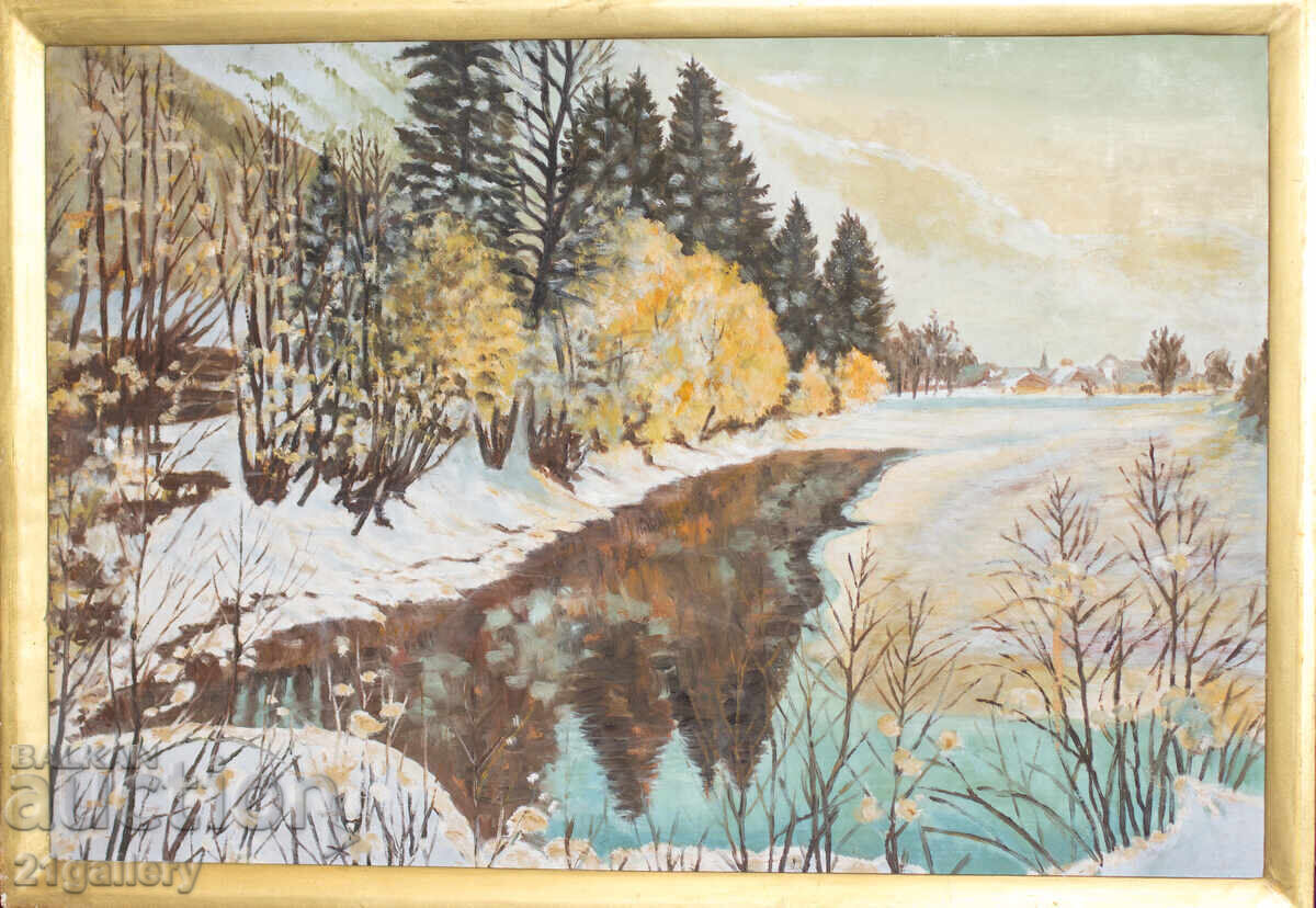 Tablou vechi, ulei pe pânză, peisaj de iarnă cu râu Tablou vechi, ulei pe pânză, peisaj de iarnă cu râu