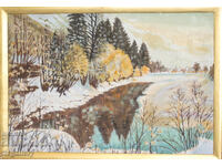 Old painting, oil paints, winter landscape with a river