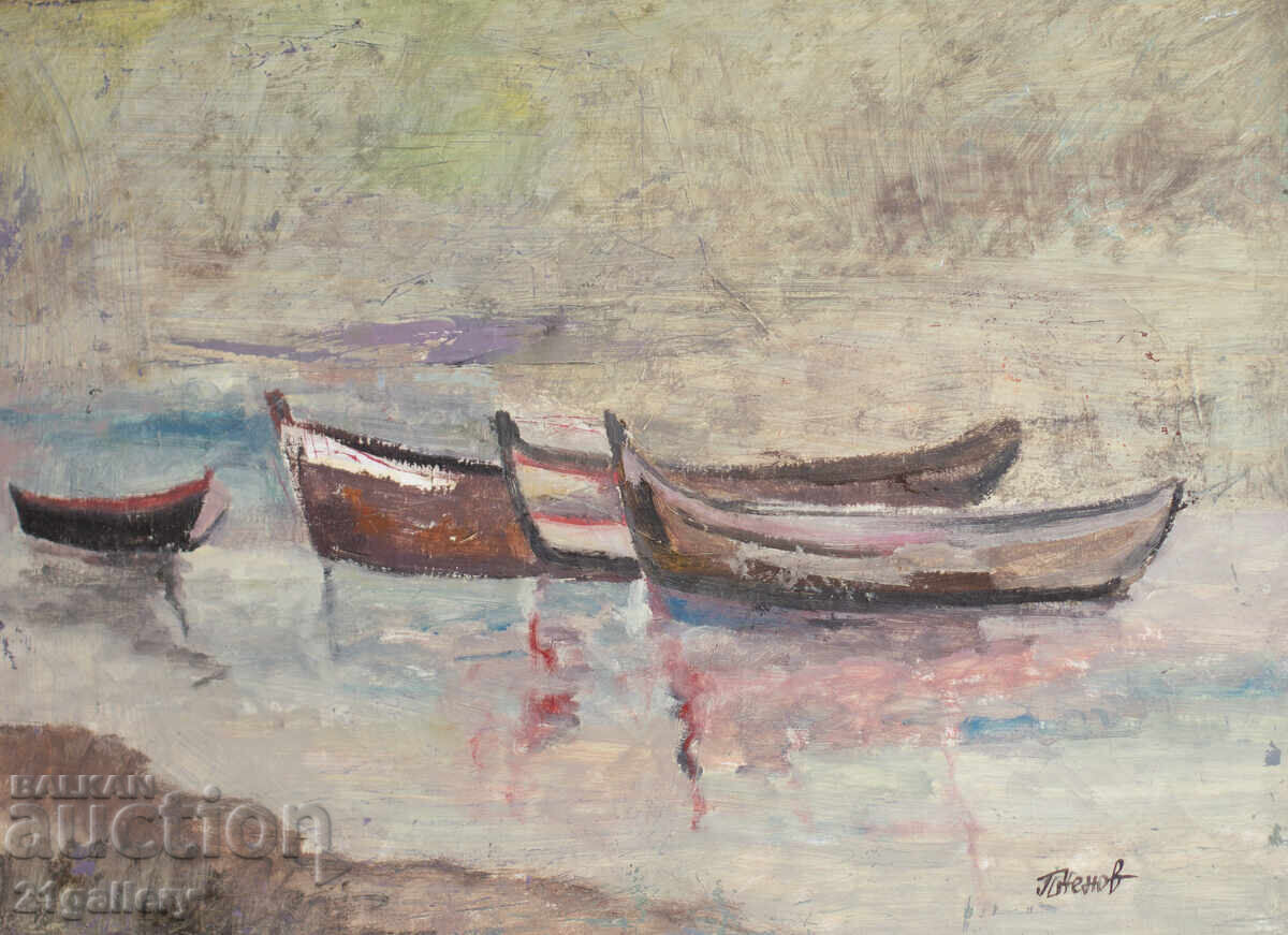 Peter Nenov, painting, oil paints, seascape with boats with price 300.00 BGN | € 153.39