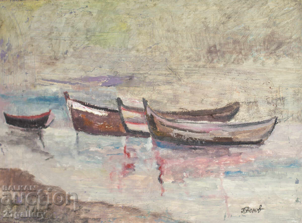 Peter Nenov, painting, oil paints, seascape with boats