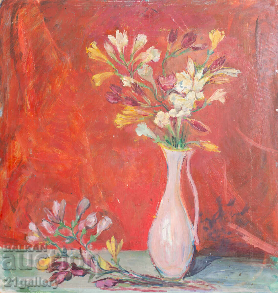 Old oil painting, still life with flowers, 1970