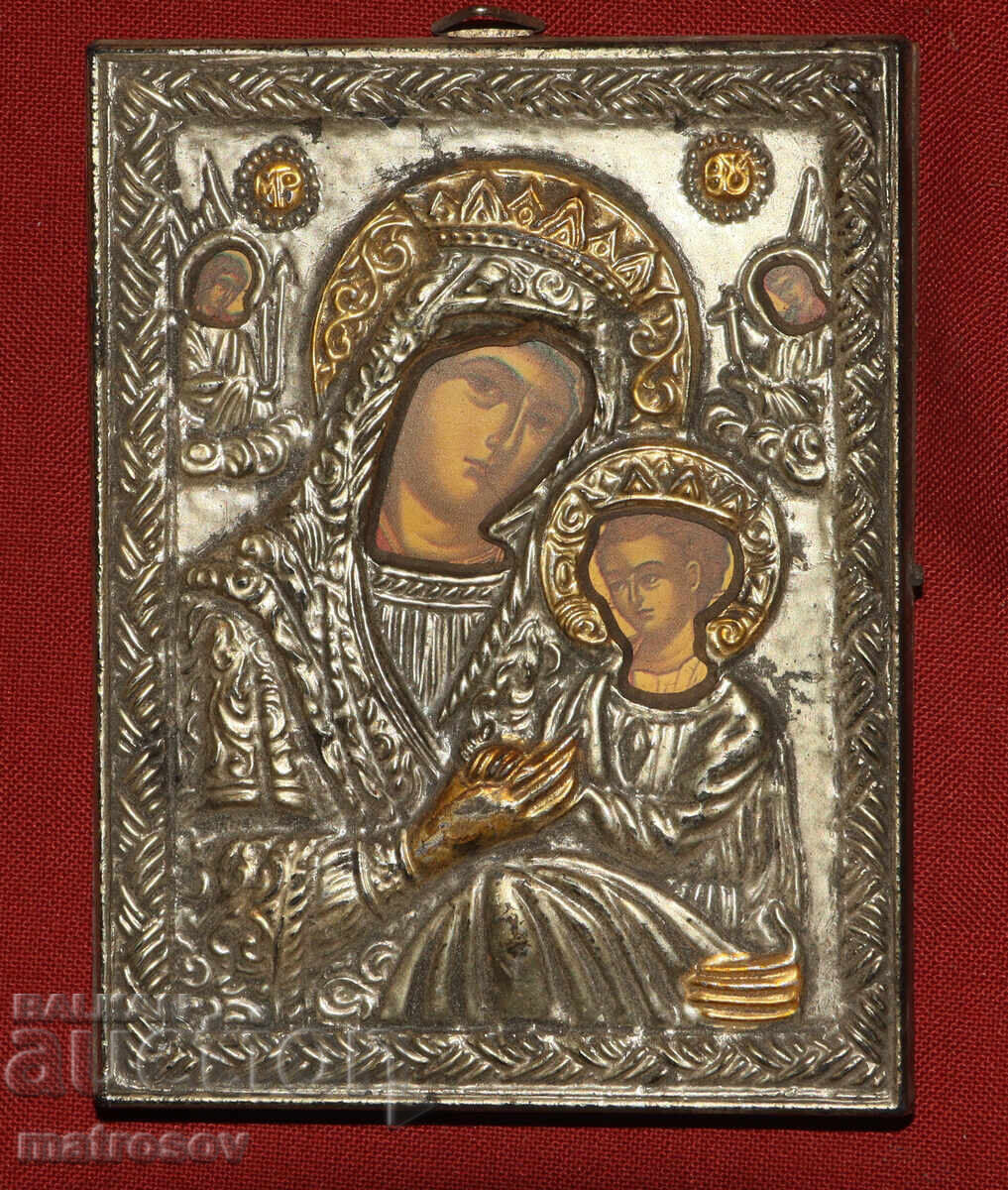 Icoană, ferecături metalice, litografie, Maica Domnului cu Pruncul